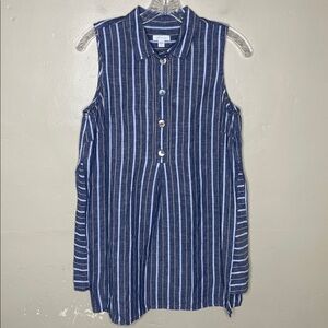 J Jill LOVE LINEN Sleeveless Blue & White Striped Coastal Grandma Top Small TALL